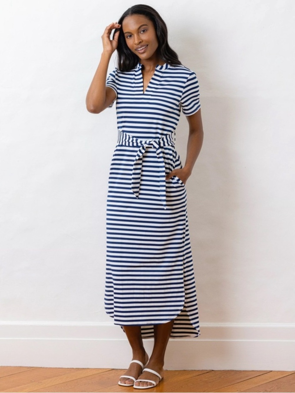 Dudley Stephens Navy and White Striped Belted Maxi Dress Size Medium